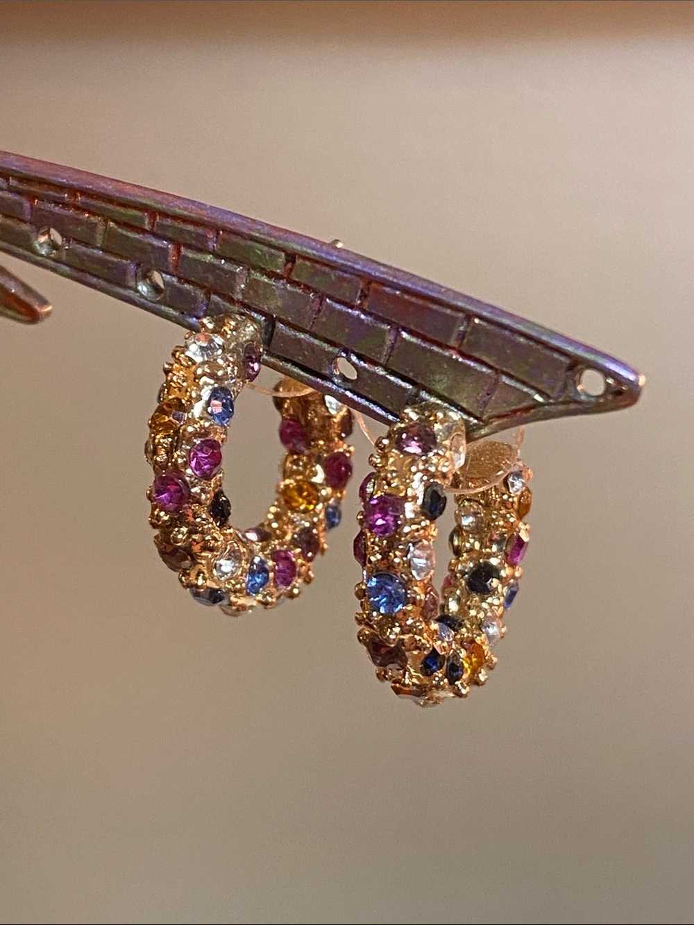 Gold Tone Multicolor Crystal Pave Hoop Earrings Sparkly Statement